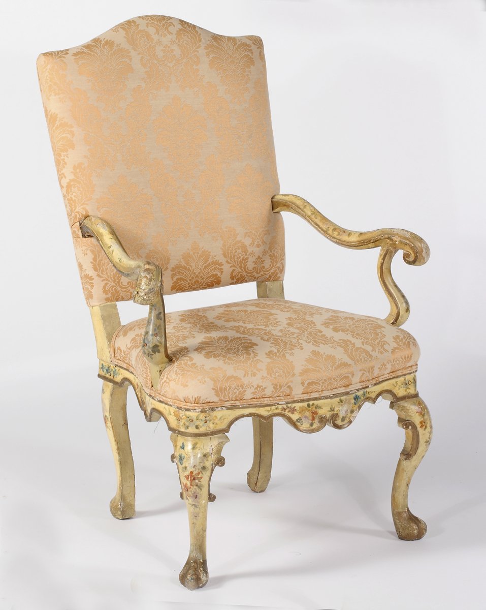 A Fine Venetian Rococo  Painted & Gesso Open Armchair
