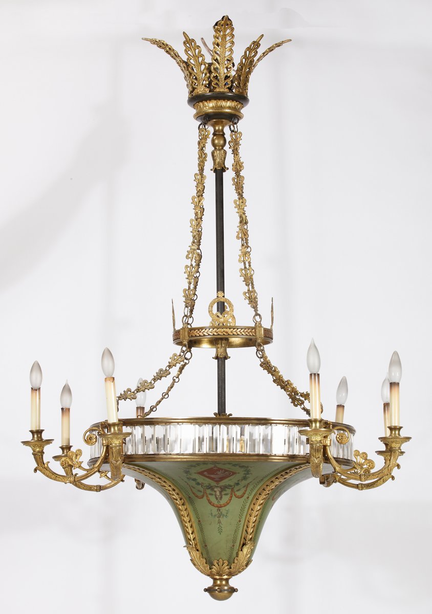 An Important Neoclassical Style Bronze Cut Glass & Tole Peinte  Eight Light Chandelier