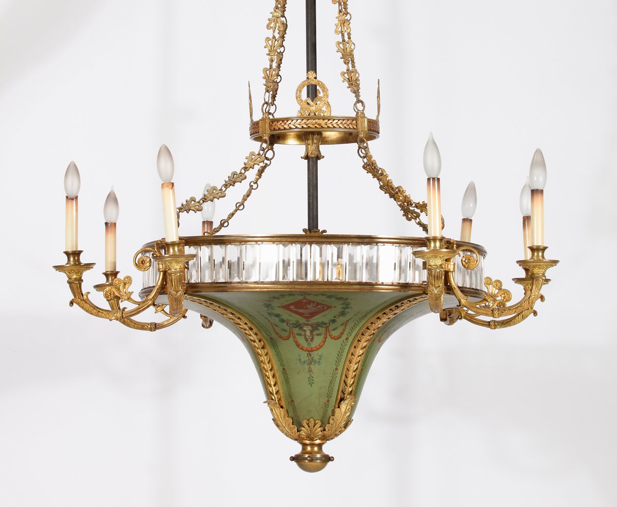 An Important Neoclassical Style Bronze Cut Glass & Tole Peinte Eight Light  Chandelier