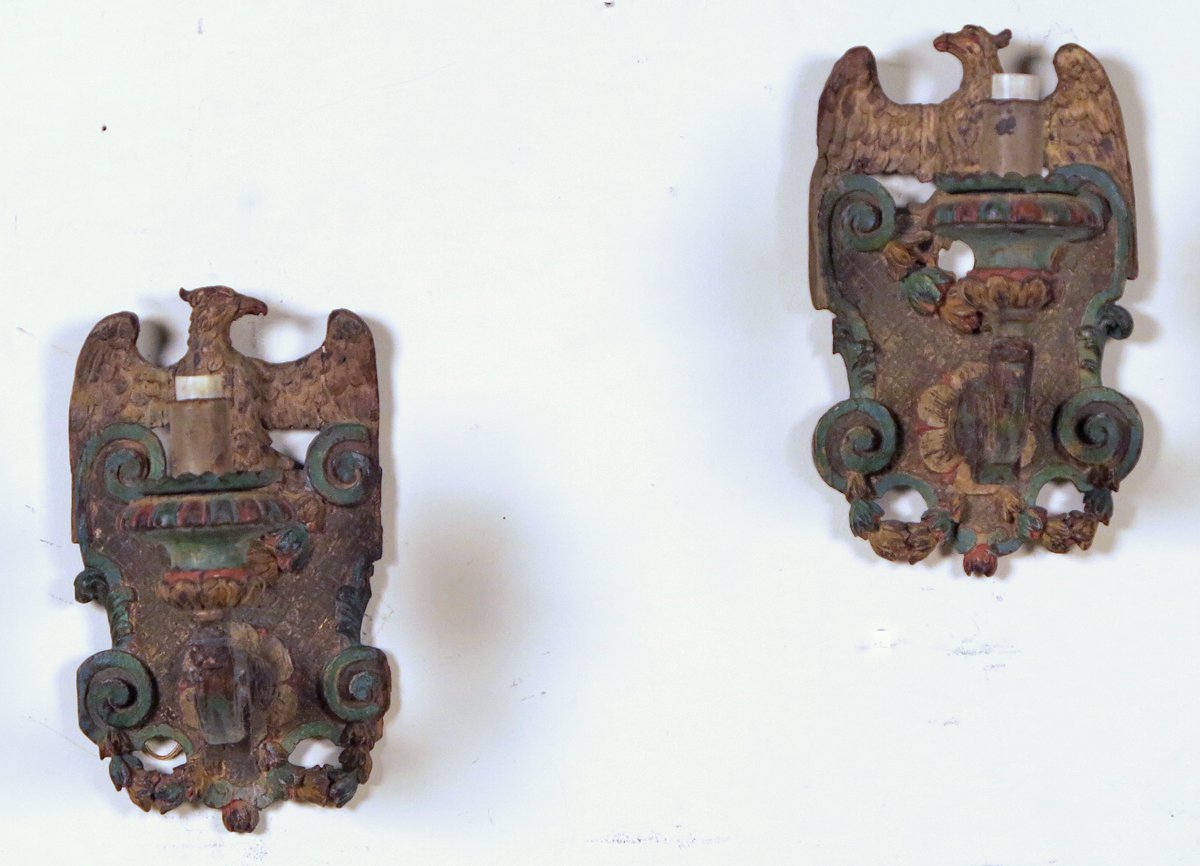 An Unusual Pair of Painted Sconces Possibly American