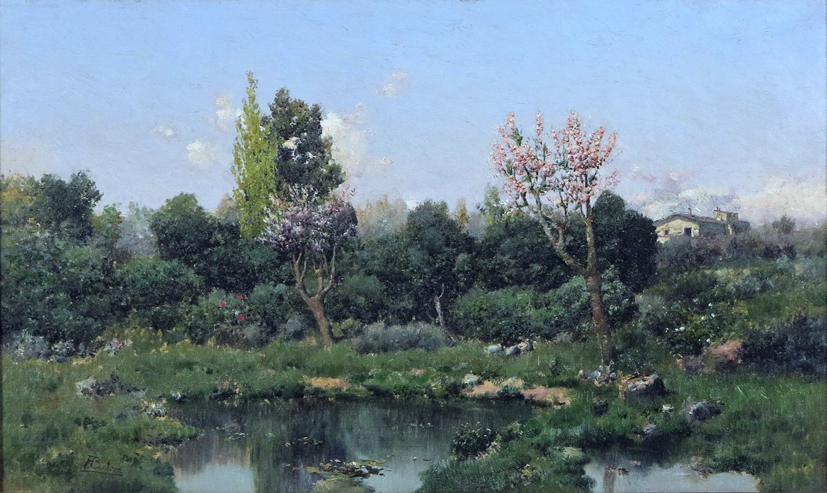 Landscape with Flowering Trees and Pond