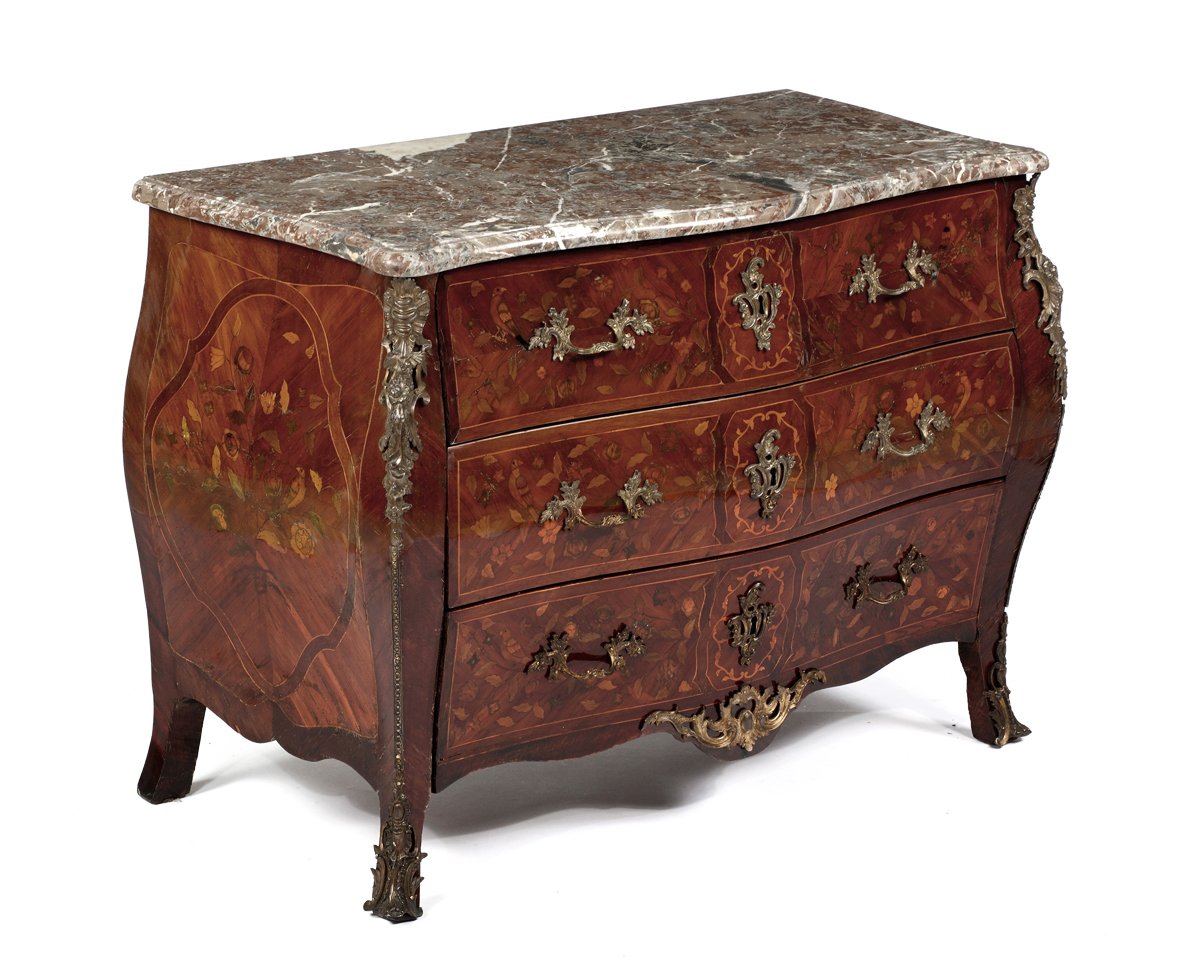 A Fine Louis XV Kingwood & Marquetry Ormolu Mounted Bombe Commode