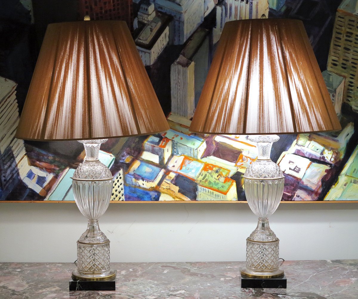 A Fine Pair of Neoclassic Style  Glass & Gilt Bronze Mounted  With a Marble Base