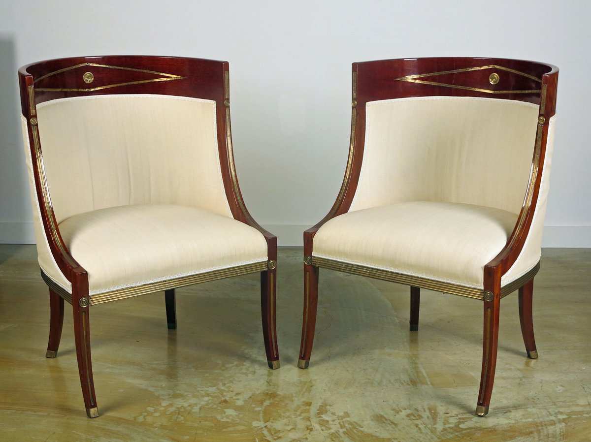 A Fine & Rare Pair Of Russian Neoclassic Brass-Mounted  Mahogany Bergeres