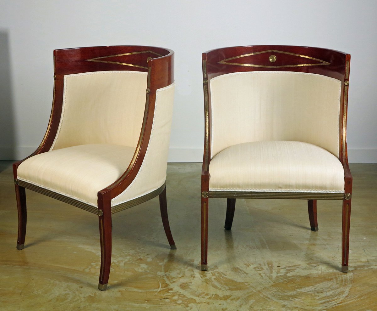A Fine & Rare Pair Of Russian Neoclassic Brass-Mounted Mahogany Bergeres